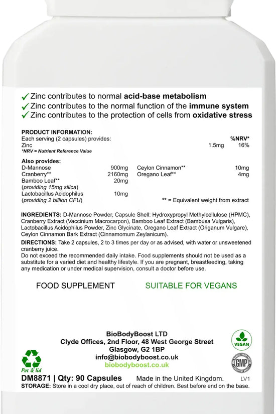 Back label of Essential Uro-Support showing D-Mannose, cranberry and zinc content with dosage guide
