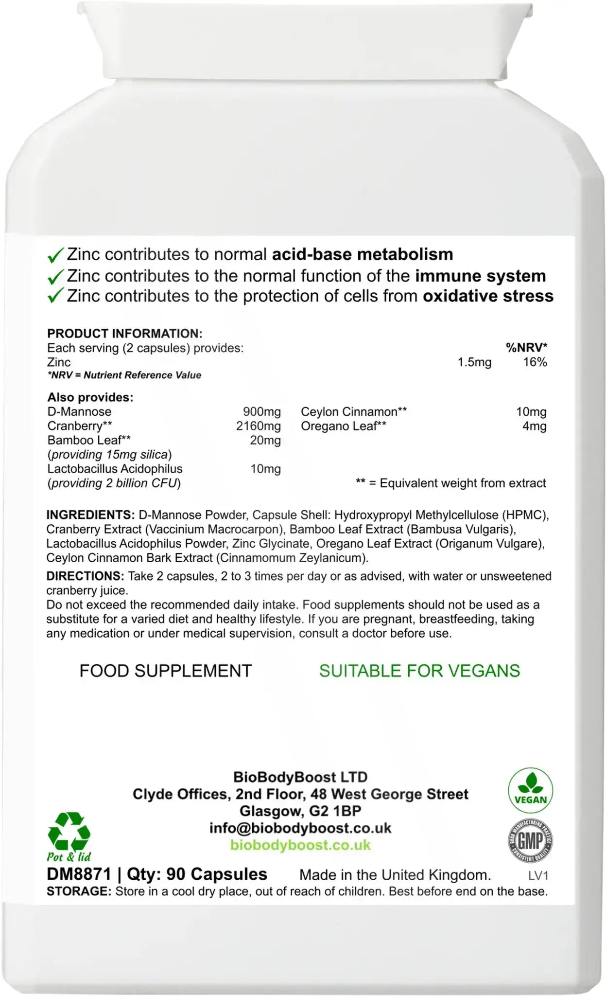 Back label of Essential Uro-Support showing D-Mannose, cranberry and zinc content with dosage guide