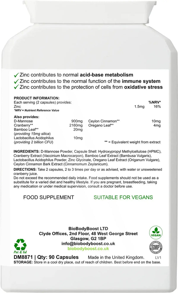 Back label of Essential Uro-Support showing D-Mannose, cranberry and zinc content with dosage guide