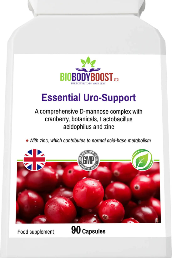 Essential Uro-Support front-angle highlighting D-Mannose and cranberry complex for bladder health