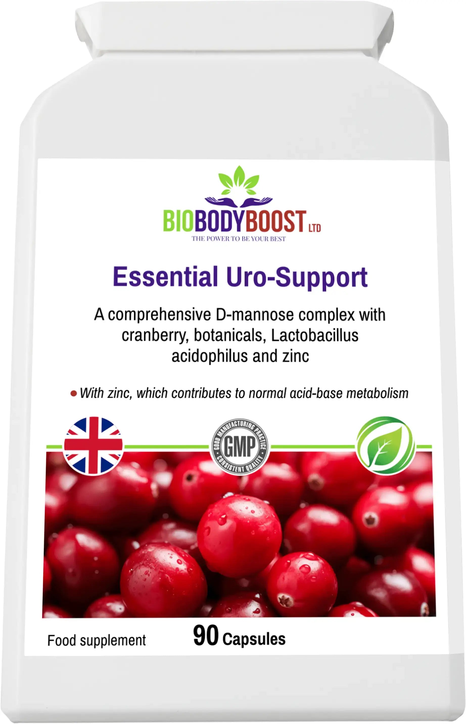 Essential Uro-Support front-angle highlighting D-Mannose and cranberry complex for bladder health