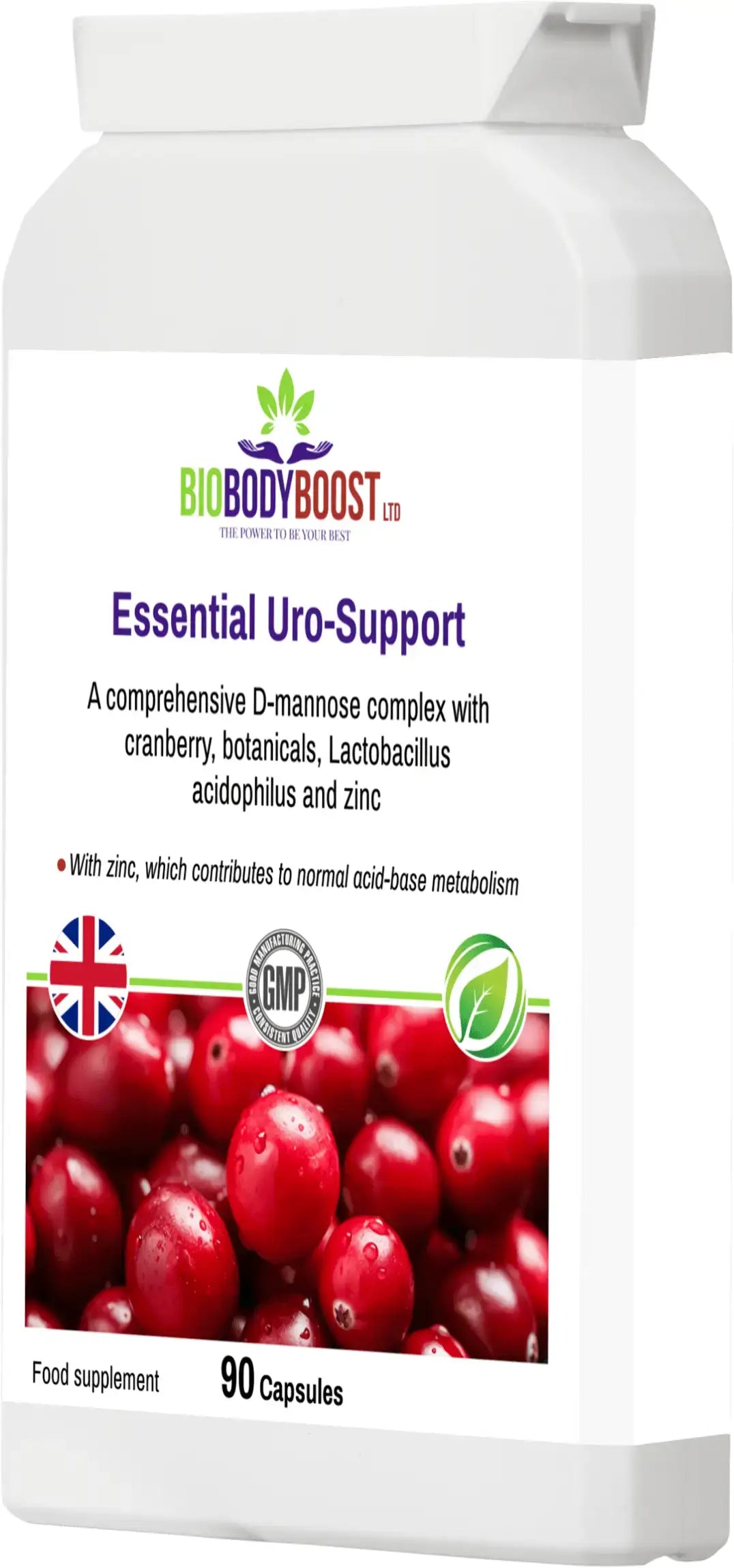 Essential Uro-Support D-Mannose Complex — cranberry and zinc for urinary health, 90 vegan capsules, BioBodyBoost UK