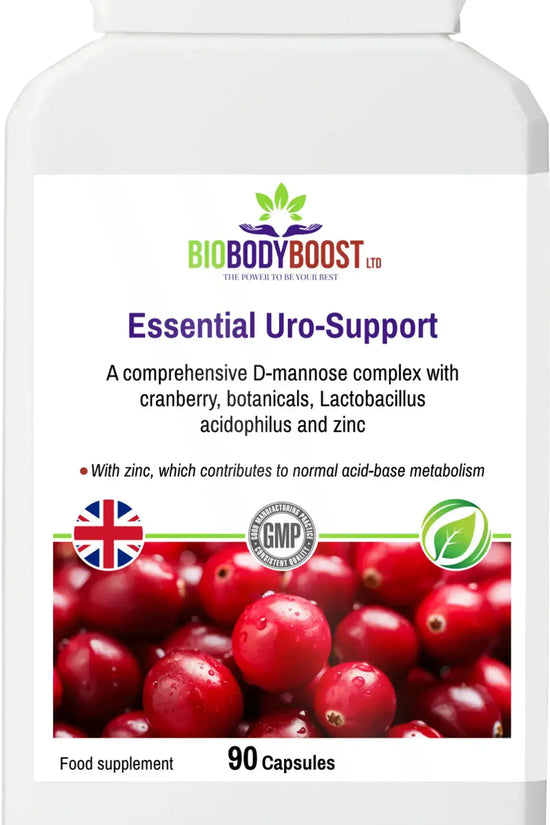 Side view of Essential Uro-Support D-Mannose Complex — compact white supplement packaging, BioBodyBoost UK
