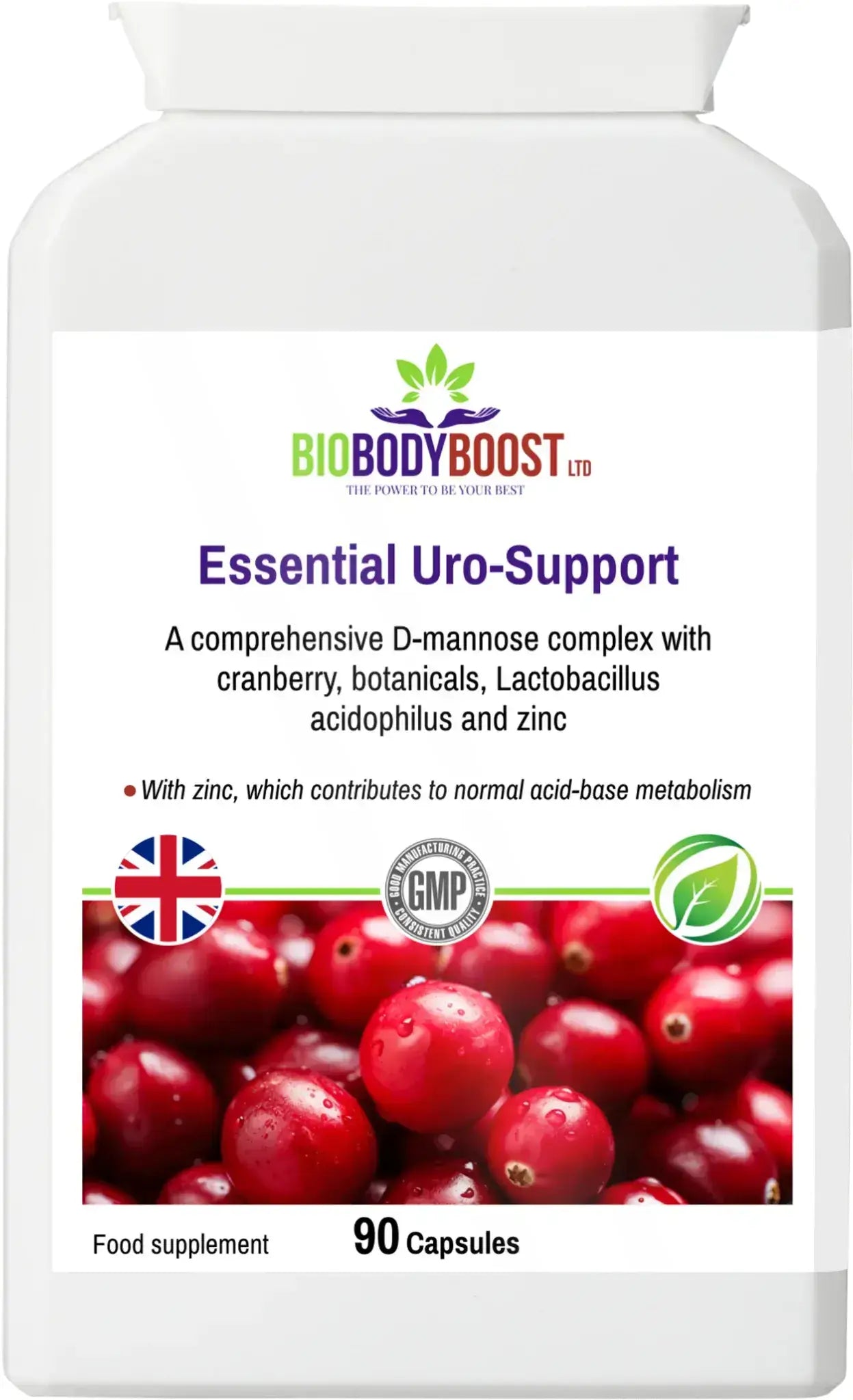 Side view of Essential Uro-Support D-Mannose Complex — compact white supplement packaging, BioBodyBoost UK