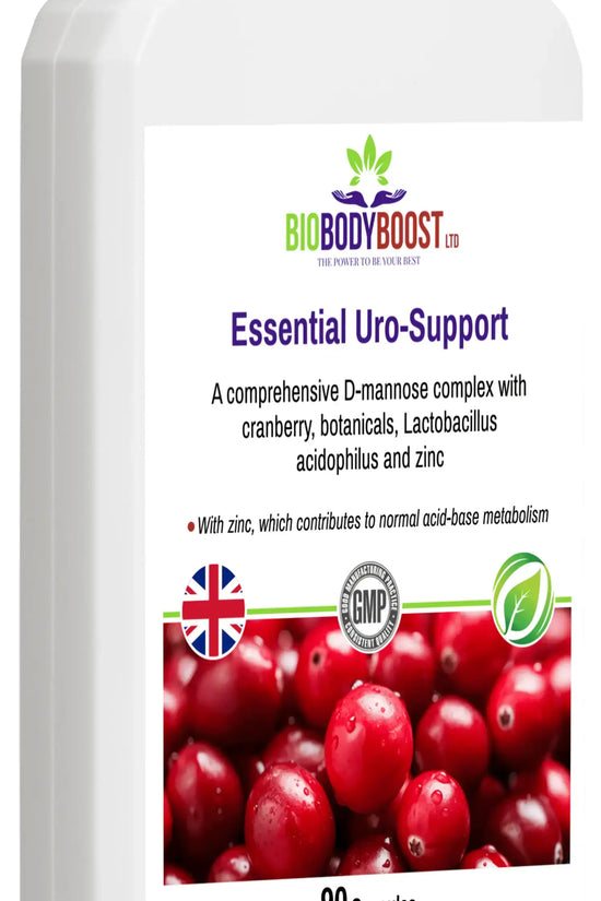 Essential Uro-Support D-Mannose Complex angled view — urinary tract health supplement, BioBodyBoost UK