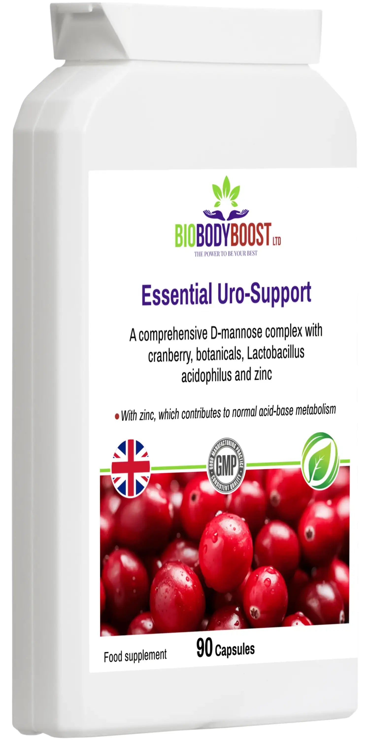Essential Uro-Support D-Mannose Complex angled view — urinary tract health supplement, BioBodyBoost UK
