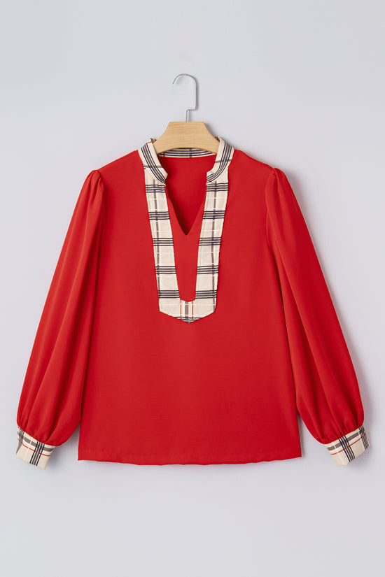 Red Tartan Fusion V‑Neck Blouse