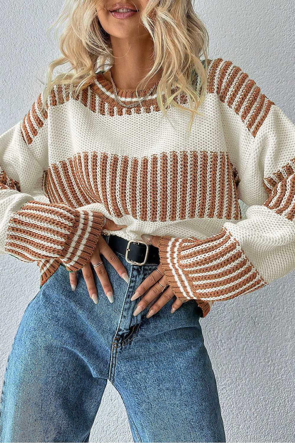 Loose fit khaki striped jumper with drop shoulders and long sleeves