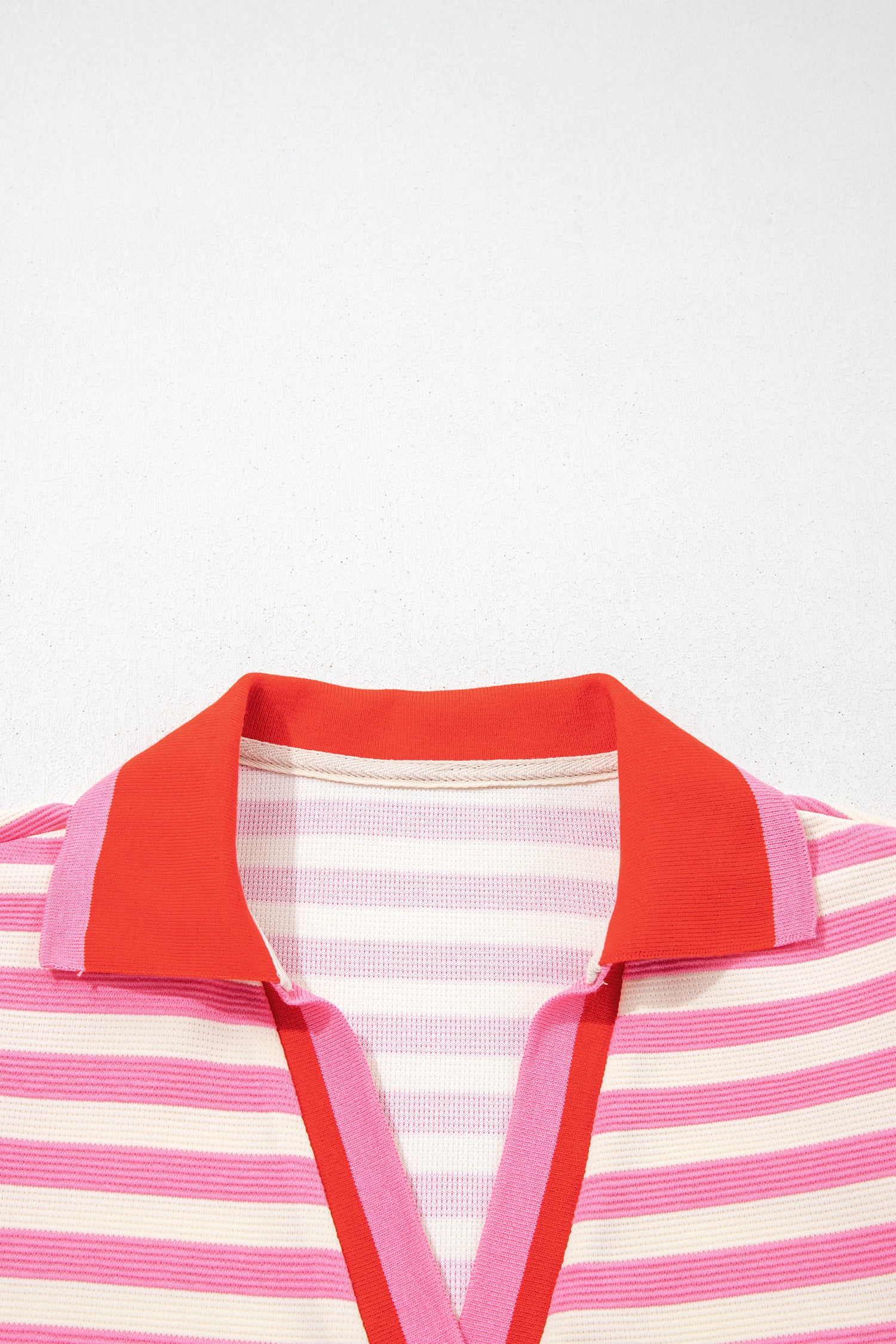 Stripe Contrast Trim Polo Collar Ruffled Short Sleeve Blouse