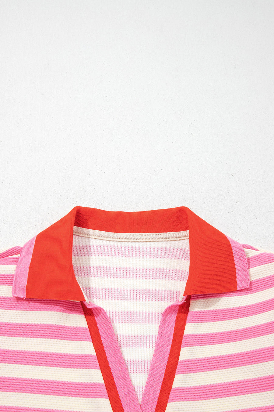 Stripe Contrast Trim Polo Collar Ruffled Short Sleeve Blouse — side view third colourway | Fashionfitz UK