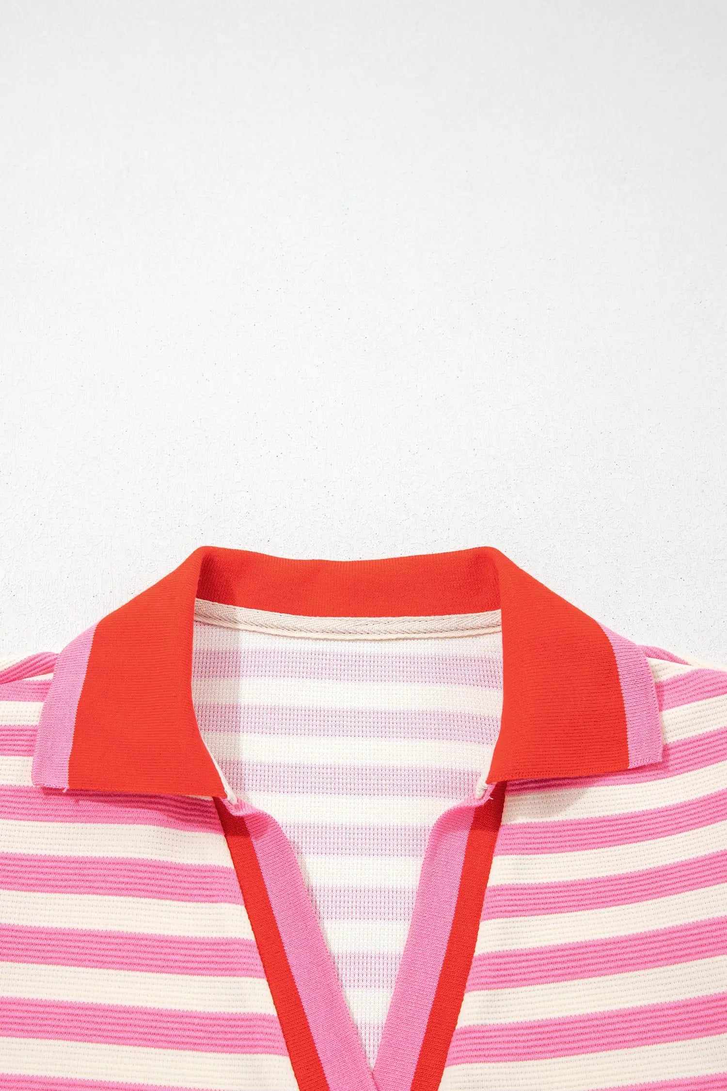 Stripe Contrast Trim Polo Collar Ruffled Short Sleeve Blouse