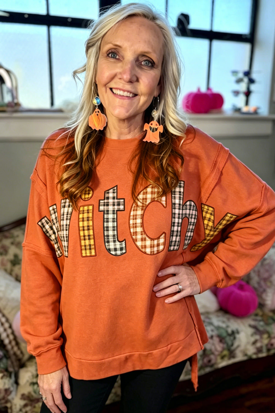Halloween Witchy Plaid Slogan Embroidered Tunic Top