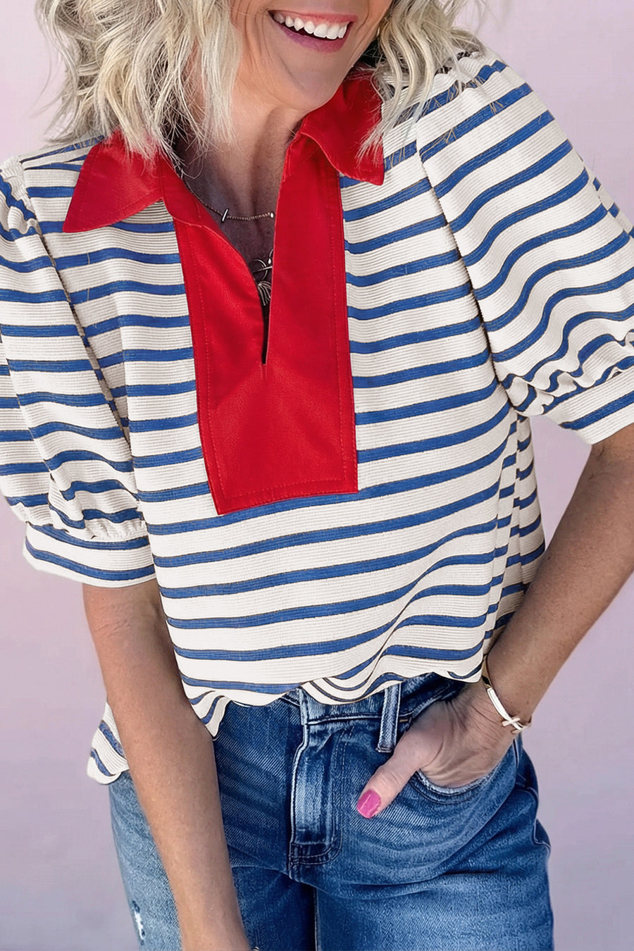 Pink Stripe Short Puff Sleeve Color Block Polo Collar Blouse