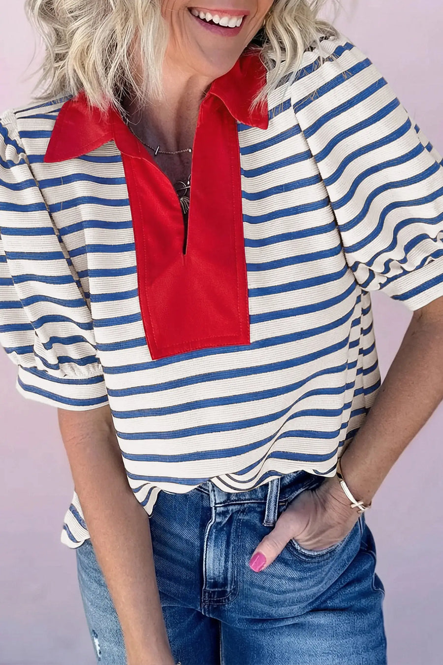 Striped polo collar blouse UK — casual summer occasion, relaxed fit