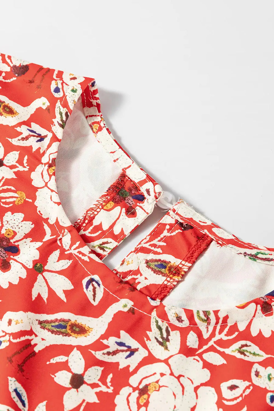 Red Floral Patchwork Long Sleeve Pleated Mini Dress Women UK