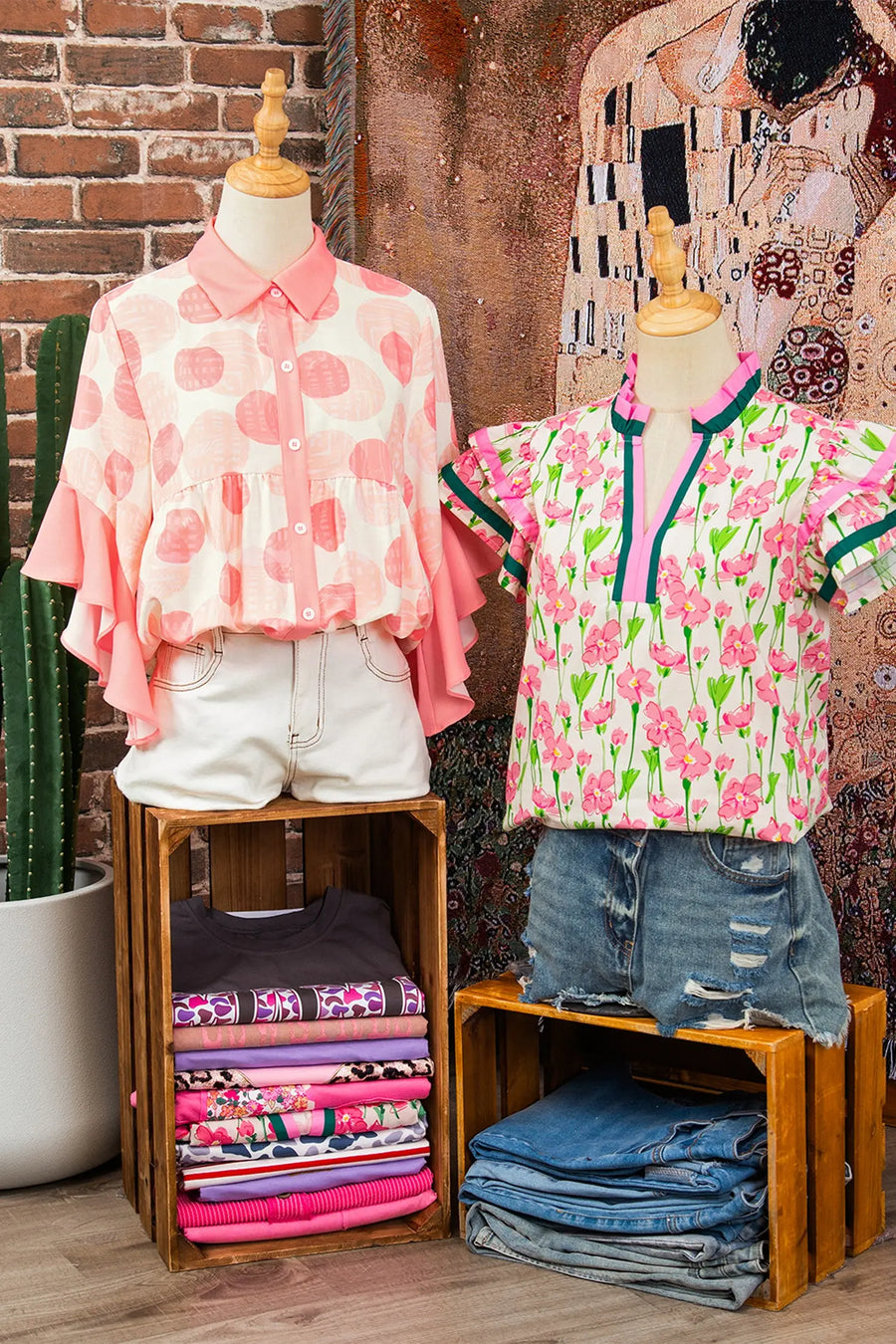 Polka dot ruffle sleeve babydoll shirt button front collar pink shirts