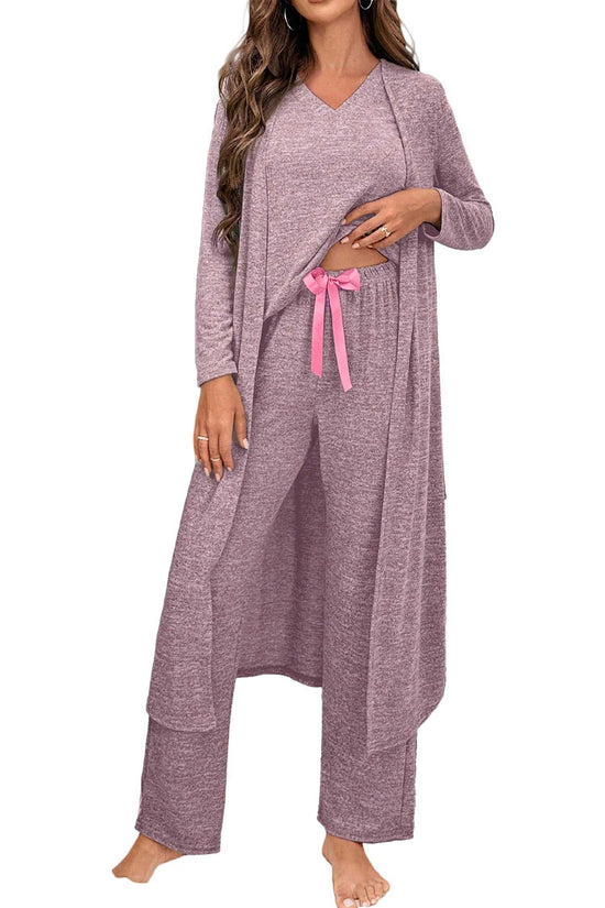 Heather Mauve Duster Lounge Trio – 3‑Piece Loungewear Set displayed on white background, highlighting soft knit fabric and pink ribbon waist detail.