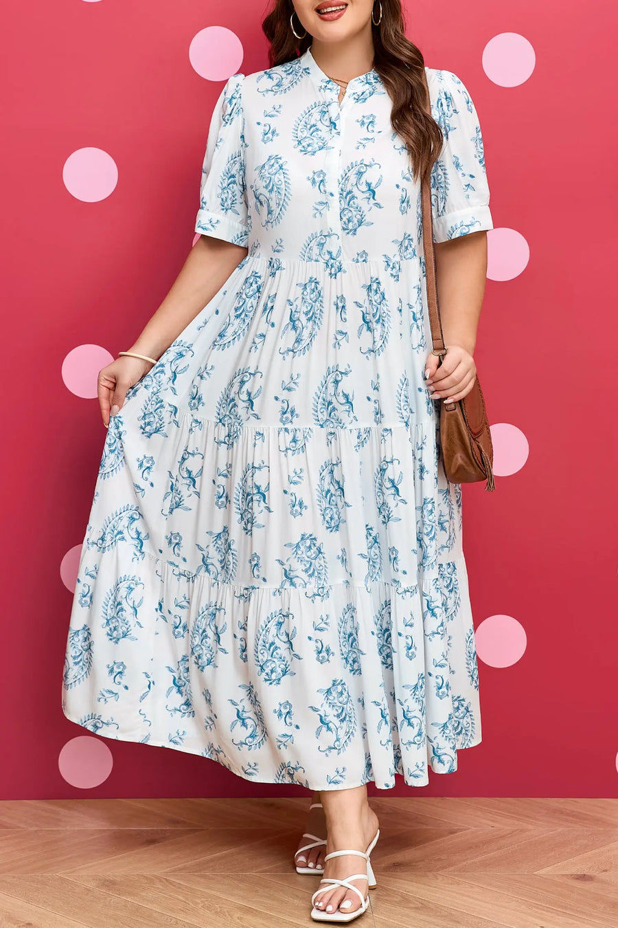 Sky Blue Plus Size Geometric Floral Split Neck Maxi Dress Women UK — close-up detail