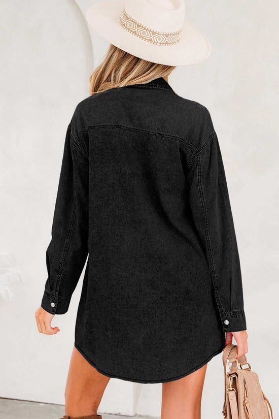 Back view of black oversized denim shirt dress with curved hem and long sleeves, perfect for casual daily wear in fall and autumn seasons.