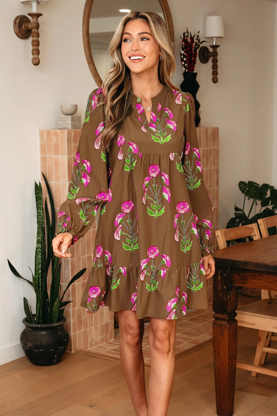 Brown Floral Babydoll Puff Sleeve Ruffle Hem Tunic Dress Women UK — side view
