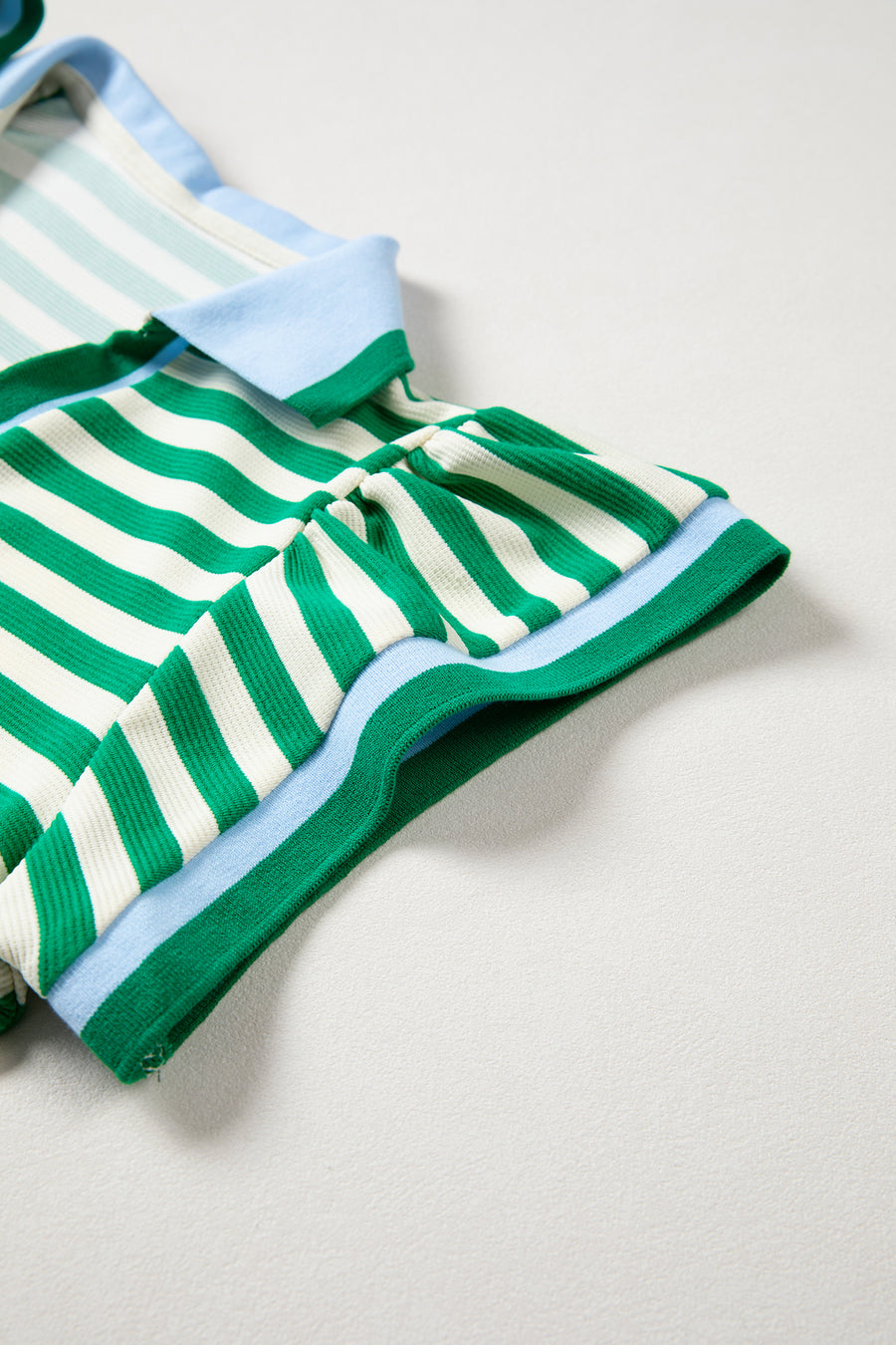 Stripe Contrast Trim Polo Collar Ruffled Short Sleeve Blouse