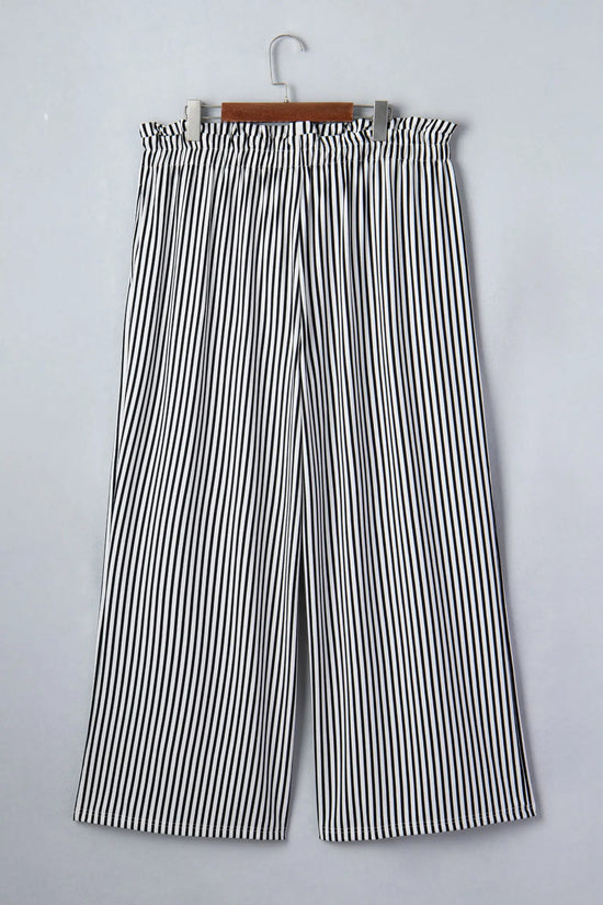 Black stripe plus size wide leg trousers elastic waist bow pockets