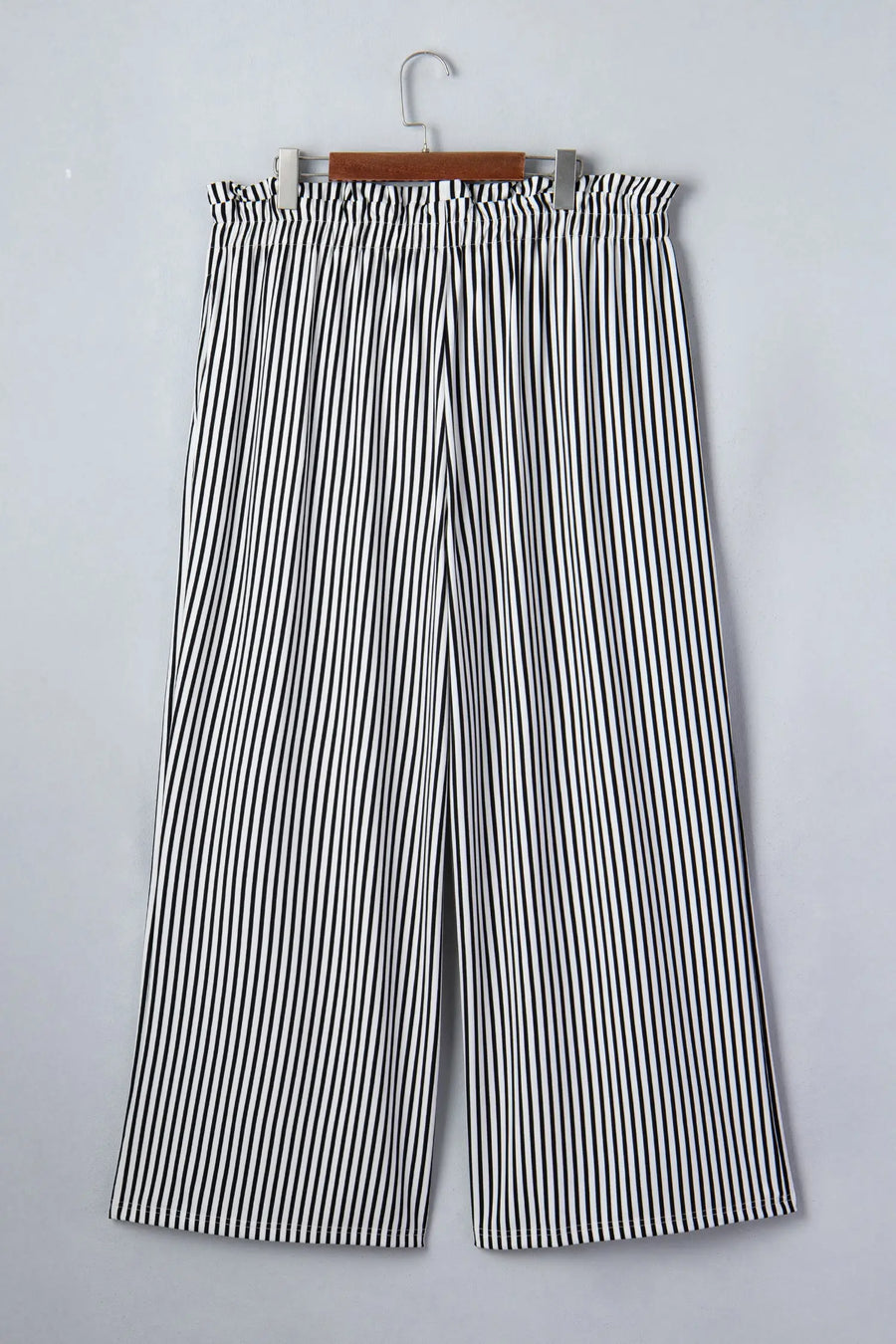 Black stripe plus size wide leg trousers elastic waist bow pockets