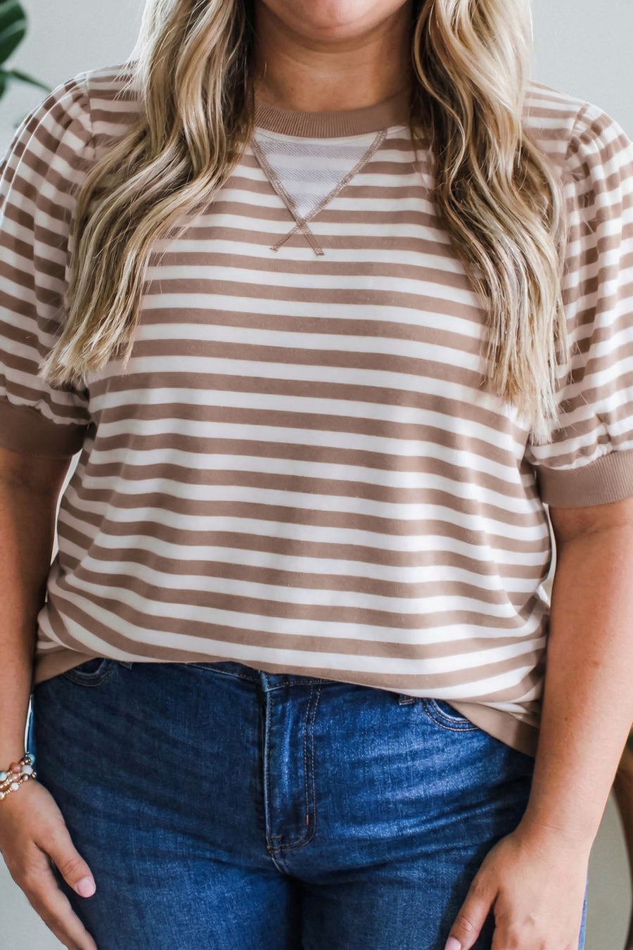 Stripe Ribbed Trim Round Neck Puff Sleeve Plus Size Tee Women UK