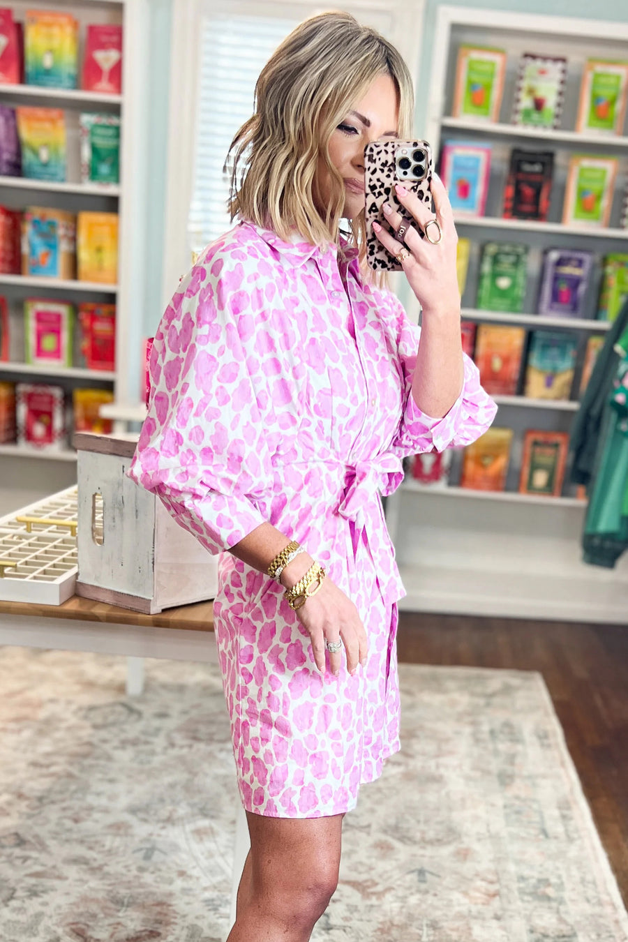 Pink abstract leopard tie waist puff sleeve dress alternative angle — Fashionfitz UK