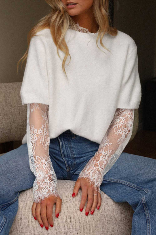 Lace Sleeve Fuzzy Sweater