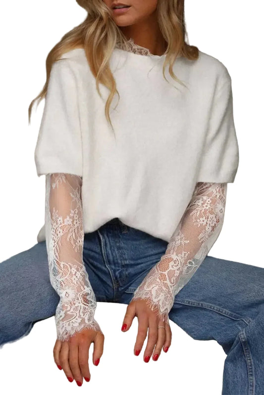Beige lace sleeve fuzzy sweater women uk | fashionfitz