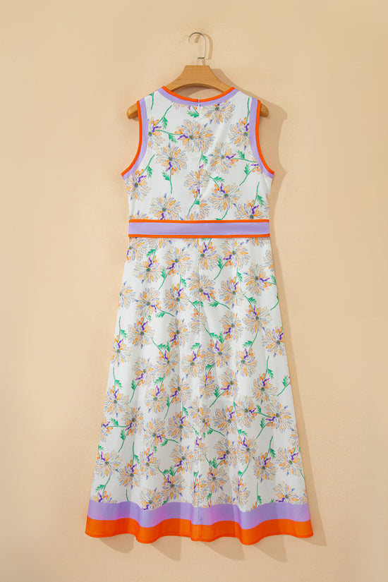 Floral Print Colour Block Belted Maxi Dress Sleeveless Side Pockets