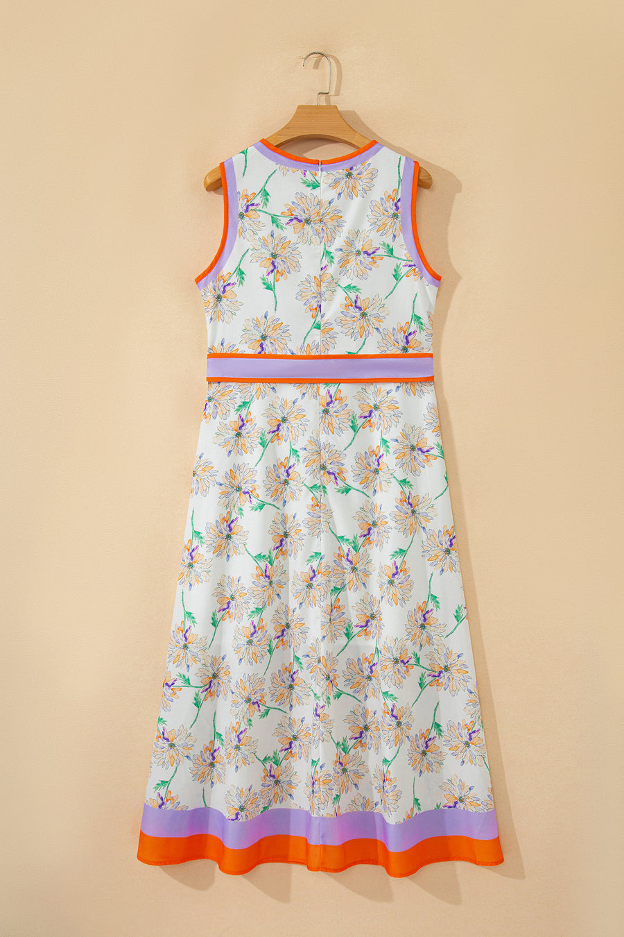 Floral Print Colour Block Belted Maxi Dress Sleeveless Side Pockets — full length view on model | Fashionfitz UK