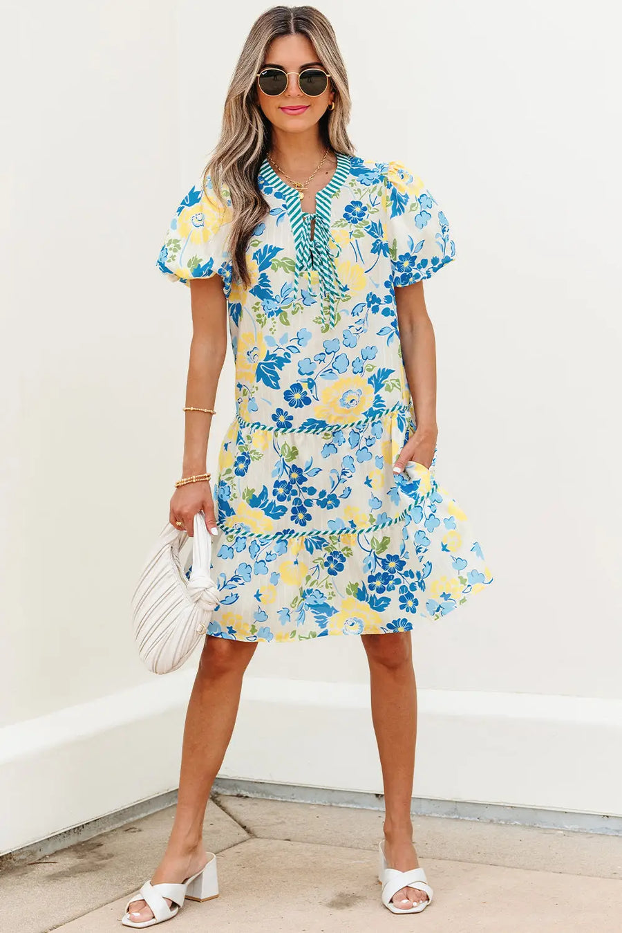 Blue Floral Striped Trim Puff Short Sleeve Dress Women UK