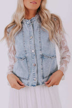 Beau Blue Scallop‑Trim Denim Waistcoat styled with sheer lace sleeves, ideal for women’s casual layering in all seasons.