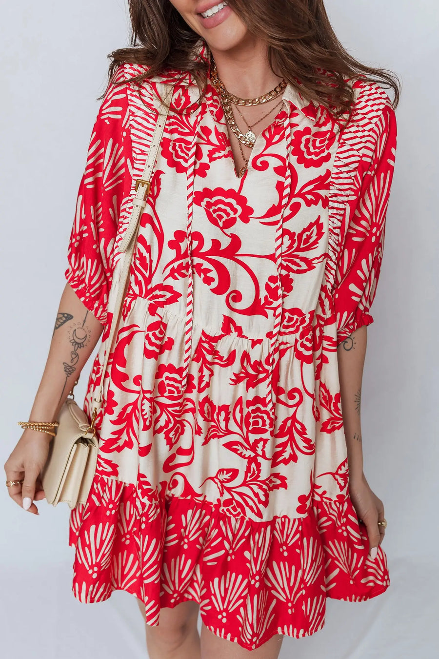 Red Floral Collared V Neck Half Sleeve Loose Mini Dress Women UK — model shot