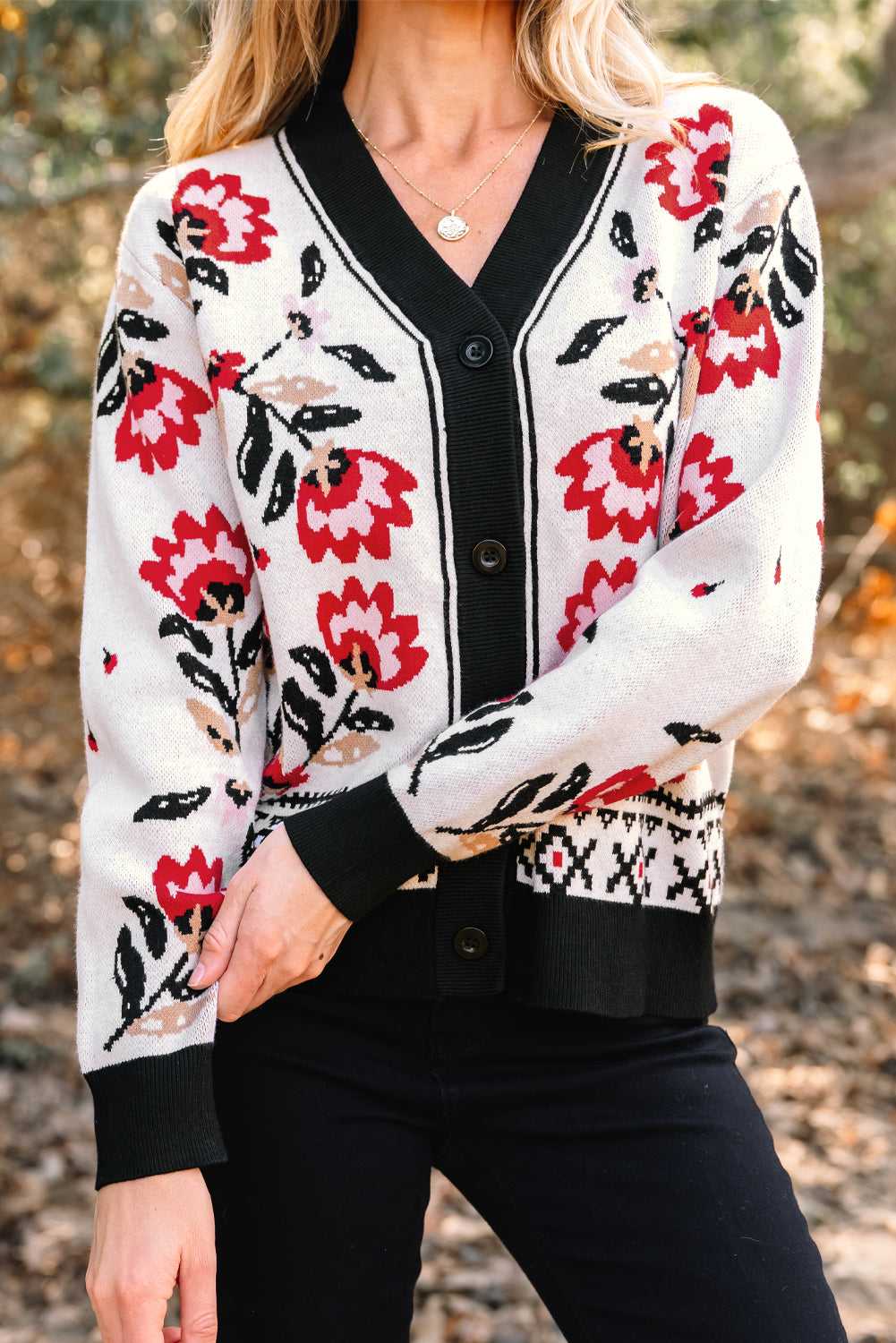 Floral Button-Up Knit Cardigan
