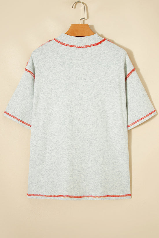 Reversible Contrast Stitch Drop Shoulder High Neck Short Sleeve Tee