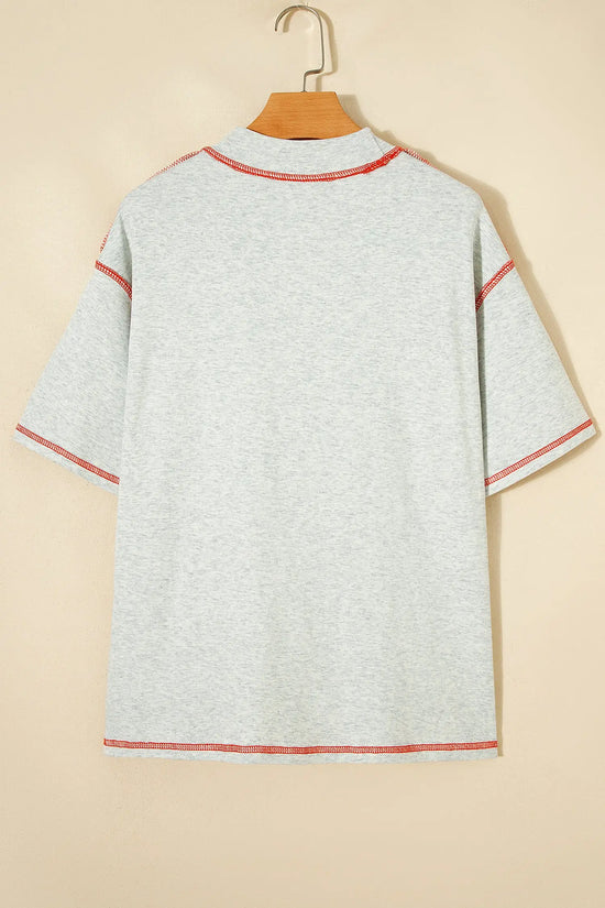 Reversible Contrast Stitch Drop Shoulder High Neck Short Sleeve Tee