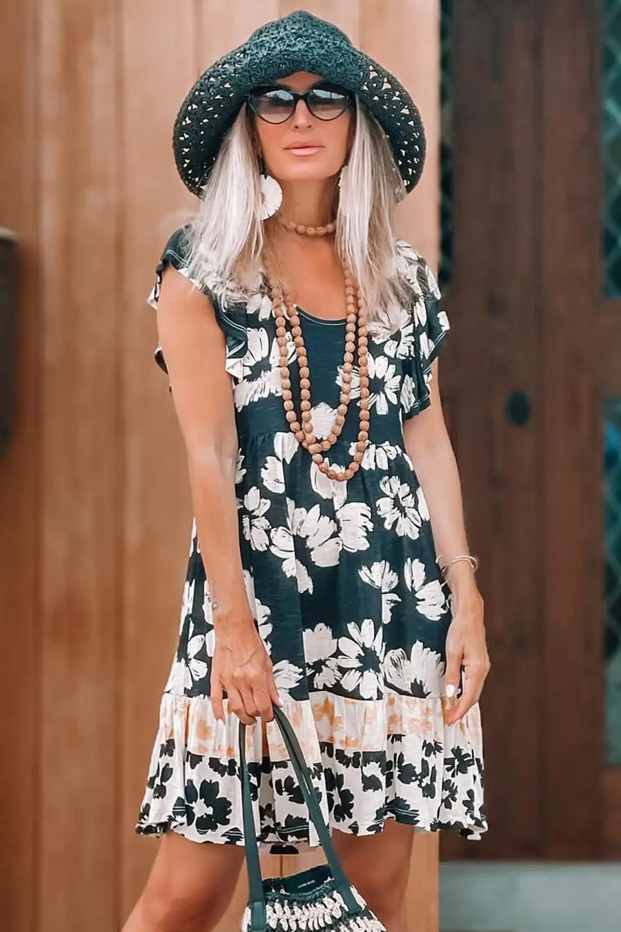 Green Floral Ruffle Sleeve Empire Waist Mini Dress Women UK — close-up detail