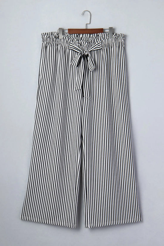Black stripe plus size wide leg trousers elastic waist bow pockets