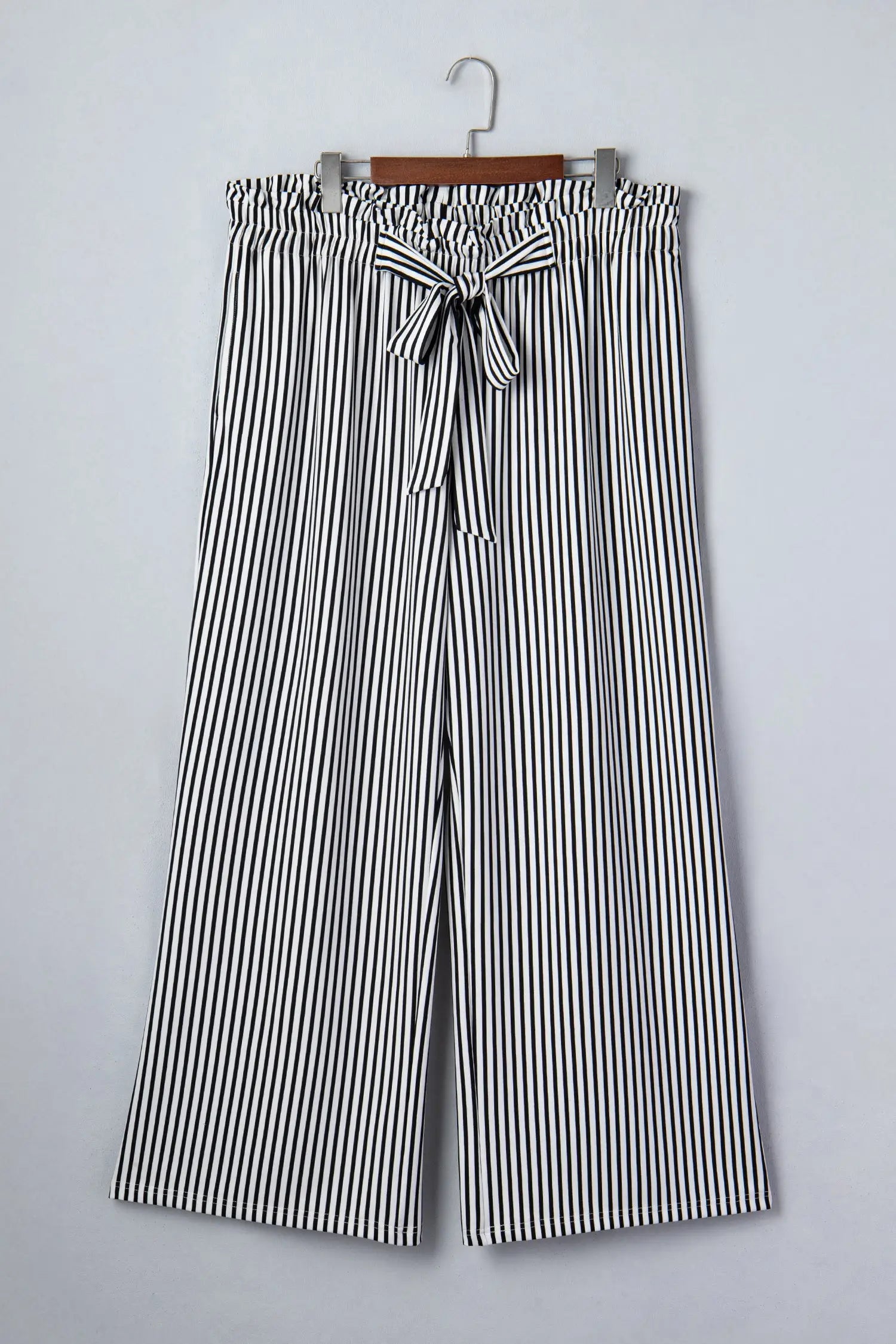 Black stripe plus size wide leg trousers elastic waist bow pockets