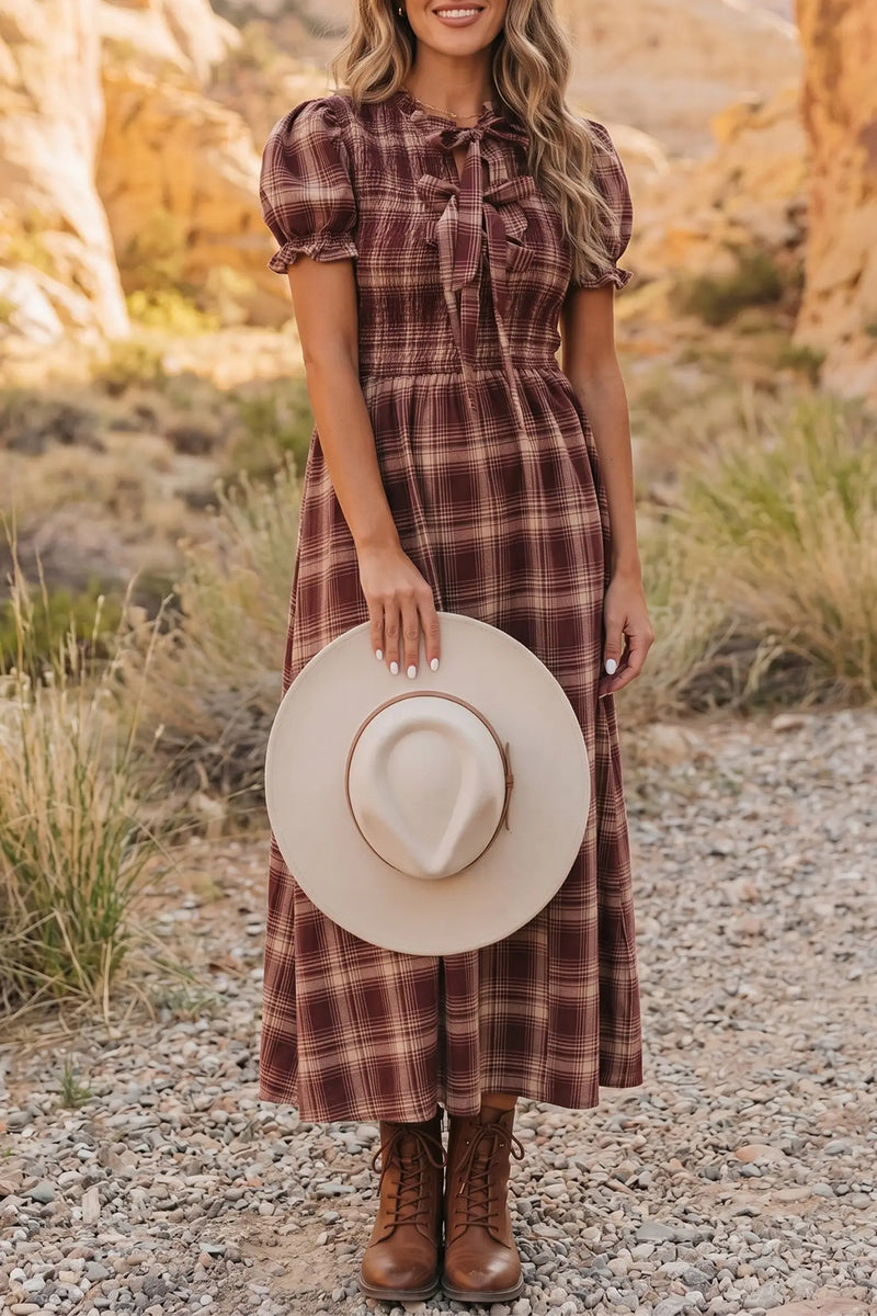 Red vintage plaid smocked midi dress back view — Fashionfitz UK