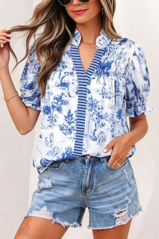 Animal paradise print striped panel gathered v-neck blouse blouses