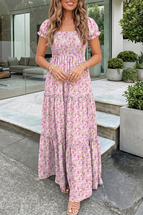 Pink Floral Bubble Sleeve Shirred High Waist Maxi Dress Women UK