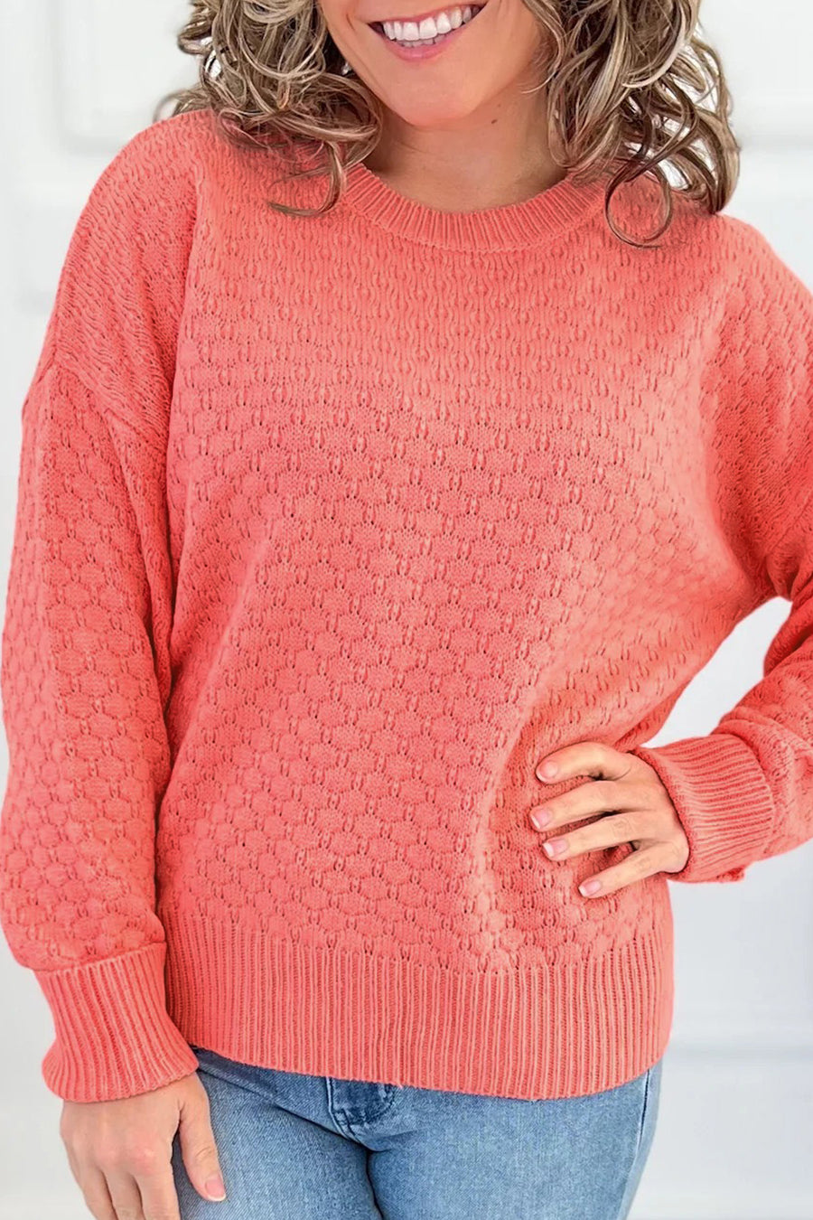Patterned Knit Drop Shoulder Pullover Sweater Women UK