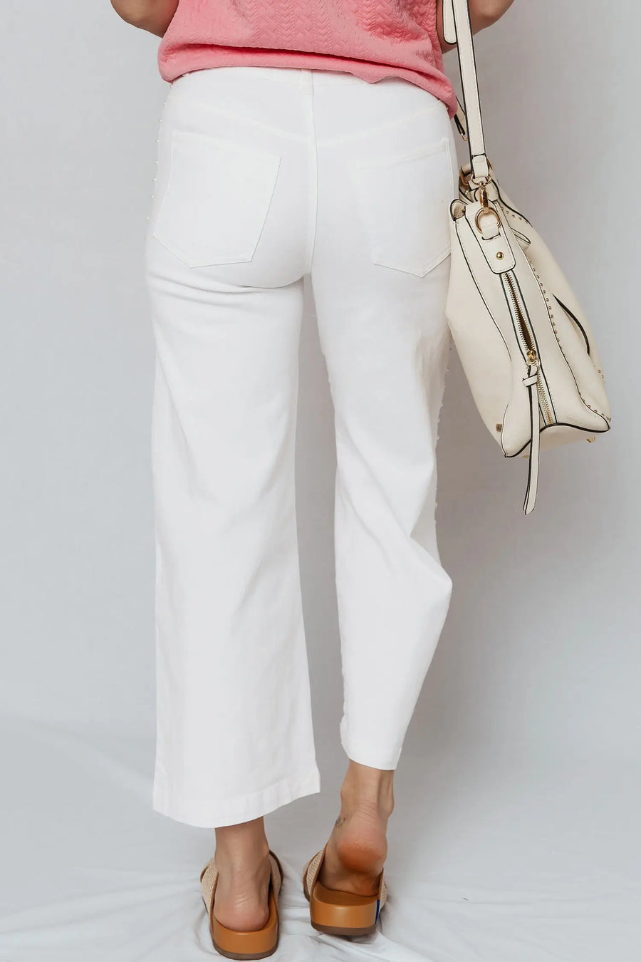 Pearl Embellished Wide Leg Ankle Length Jeans Women UK