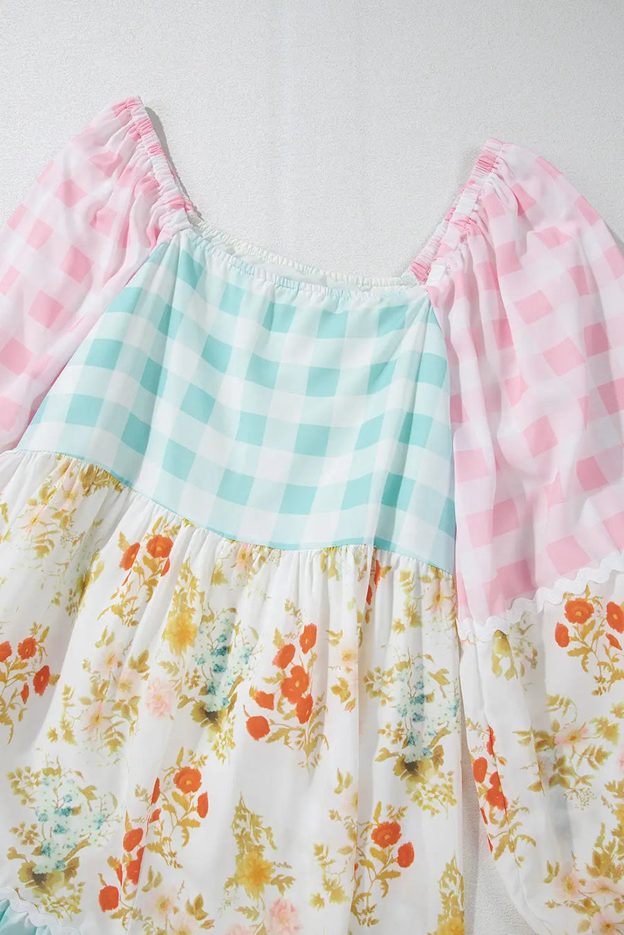 Pink Ric Rac Plaid Floral Patchwork Bubble Sleeve Mini Dress Women UK