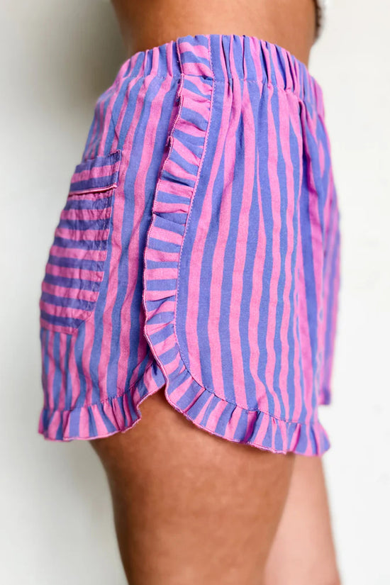 Stripe Ruffle Trim Elastic Waist Shorts Women UK