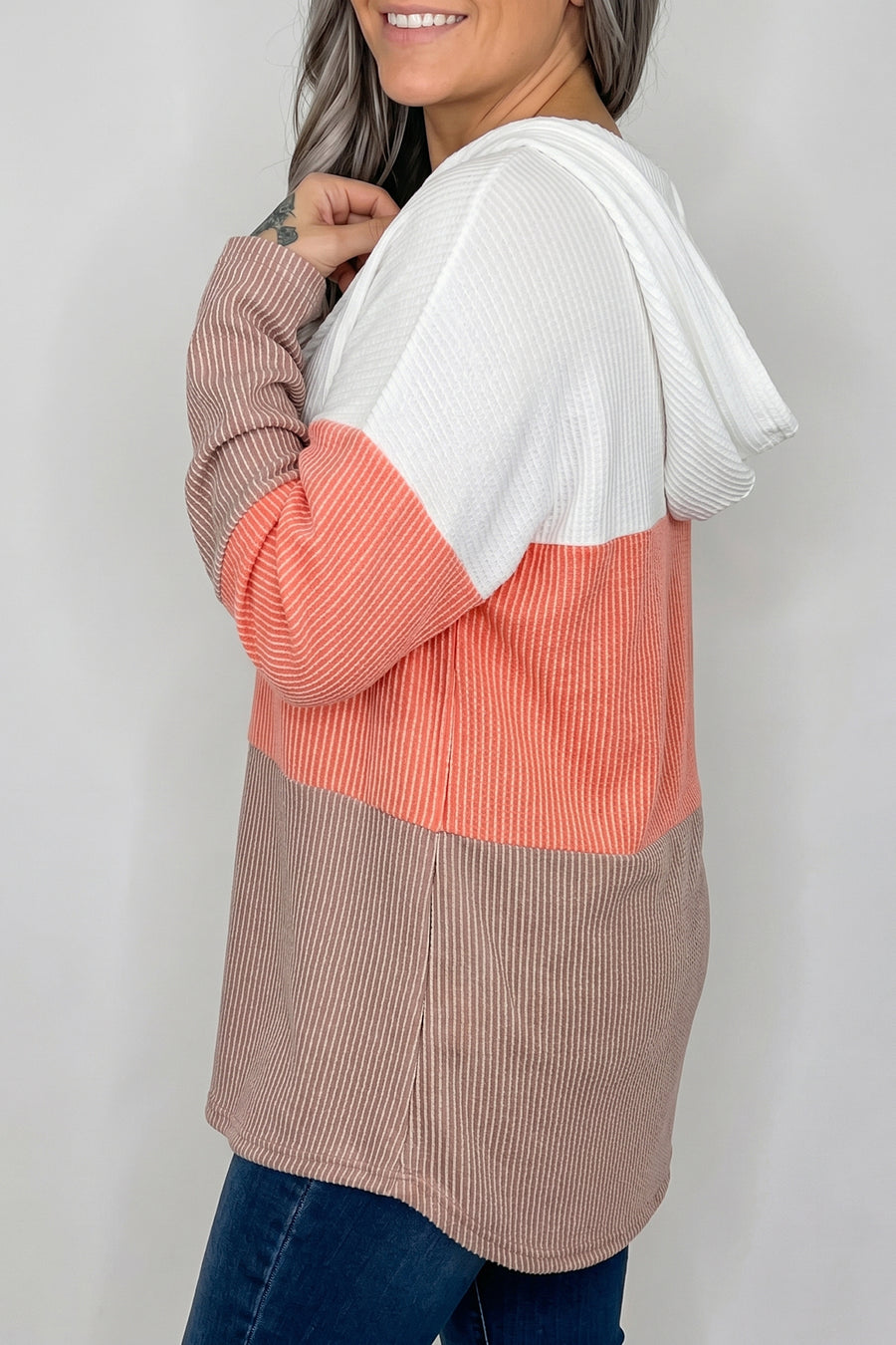 Flame Ribbed Colorblock Hooded Pullover Top